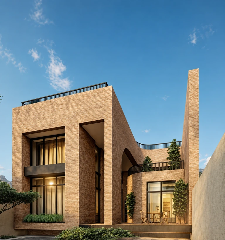 Rafsanjan Villa with sculptural brick walls and curved entrance