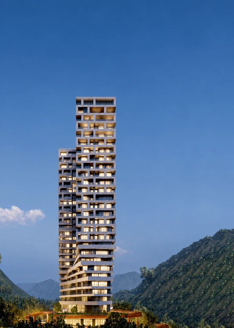 Abano Namakabroud tower with stepped balconies and warm-lit windows against a mountain landscape at dusk