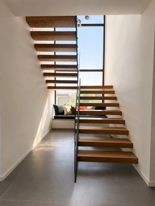 Floating timber stairs and glass balustrade inside Afshariye Villa