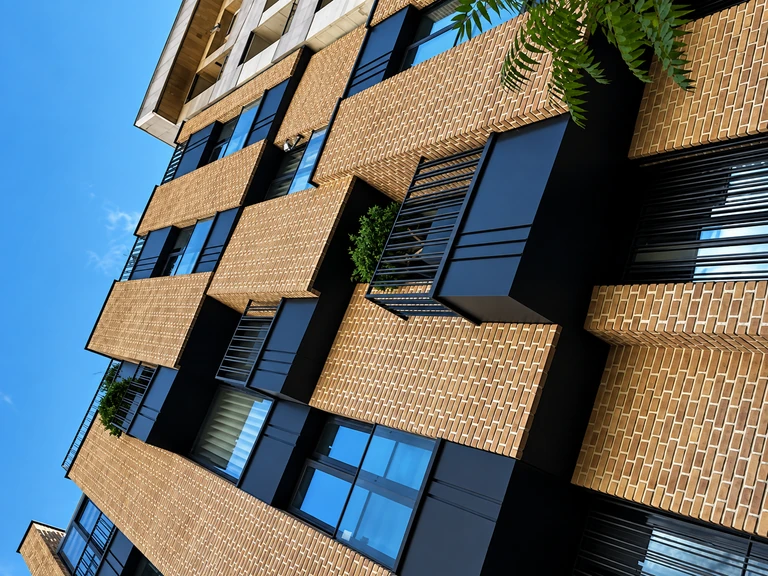 Angled upward view of Atrin Residence Farmanieh with golden-brown brickwork, dark projecting window frames, blue glazing and planted recesses