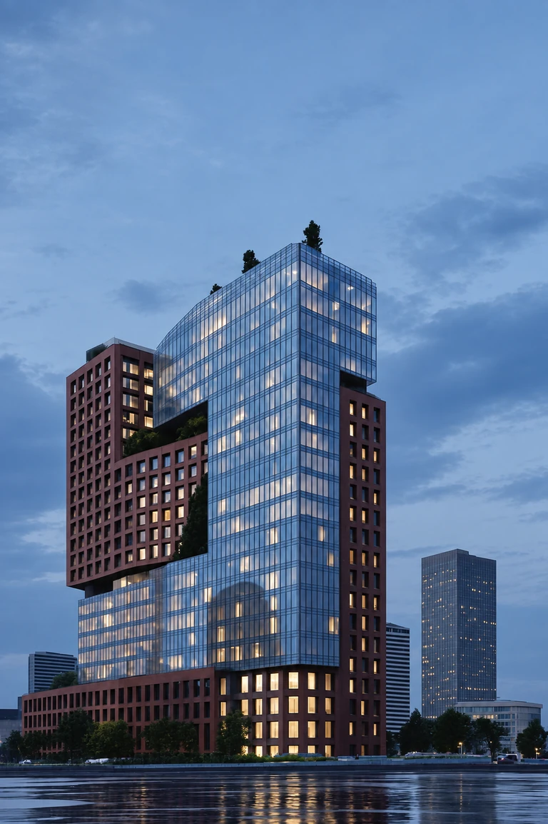 Chitgar Mixed Use with interlocking glass and reddish-brown volumes, planted terraces and softly lit windows at dusk