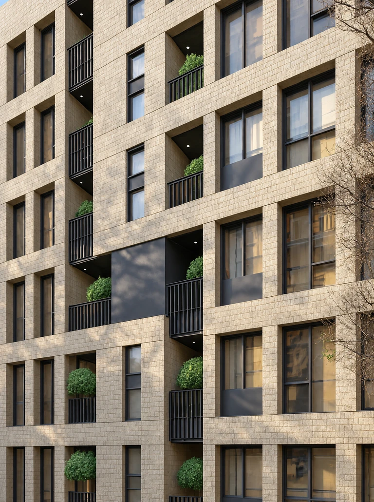 Shahin Residential in Shahran, Tehran, with a beige masonry facade, alternating planted balconies and dark vertical railings